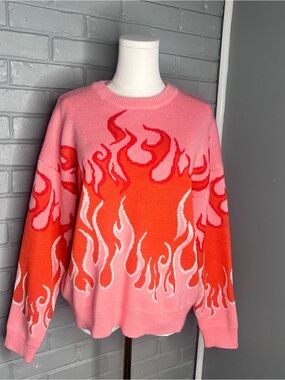 Aqua Blues Pink & Orange Flame Knit Women's Long Sleeve Sweater Size Medium